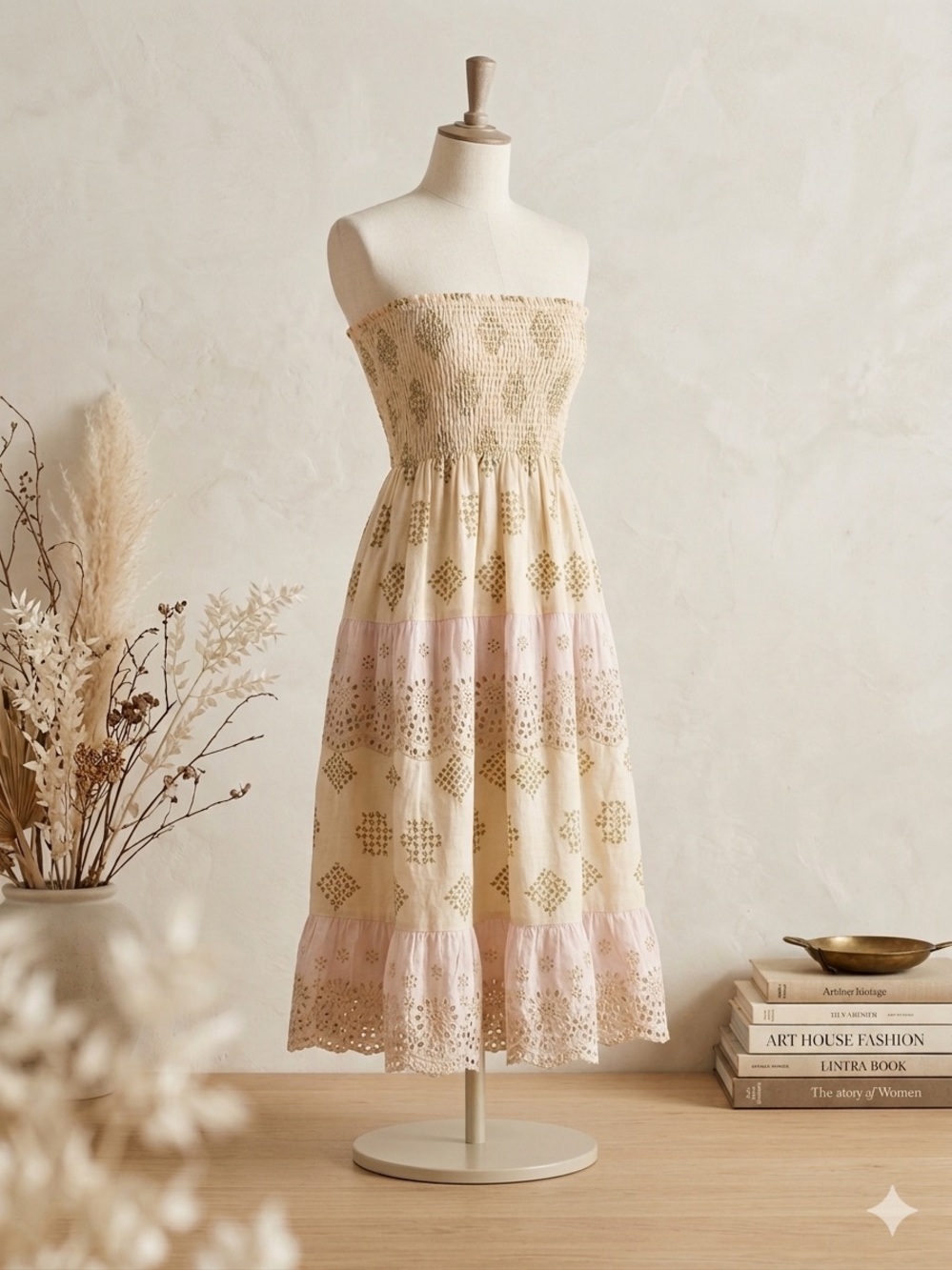 PQ Swim Strapless Cream and Blush Eyelet Midi Dress